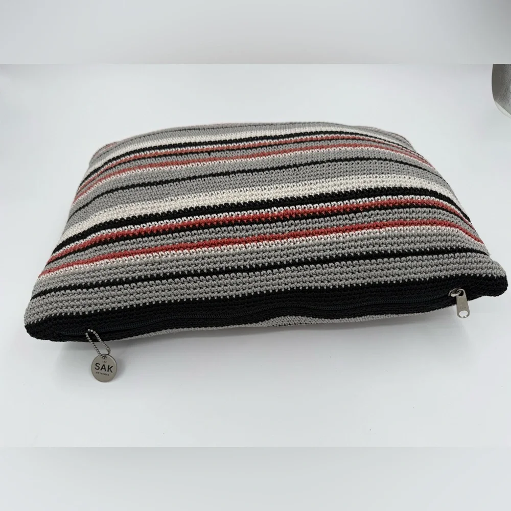 The SAK Home Square Crochet Knit Pillow Black Beige Red Gray 12”x 17